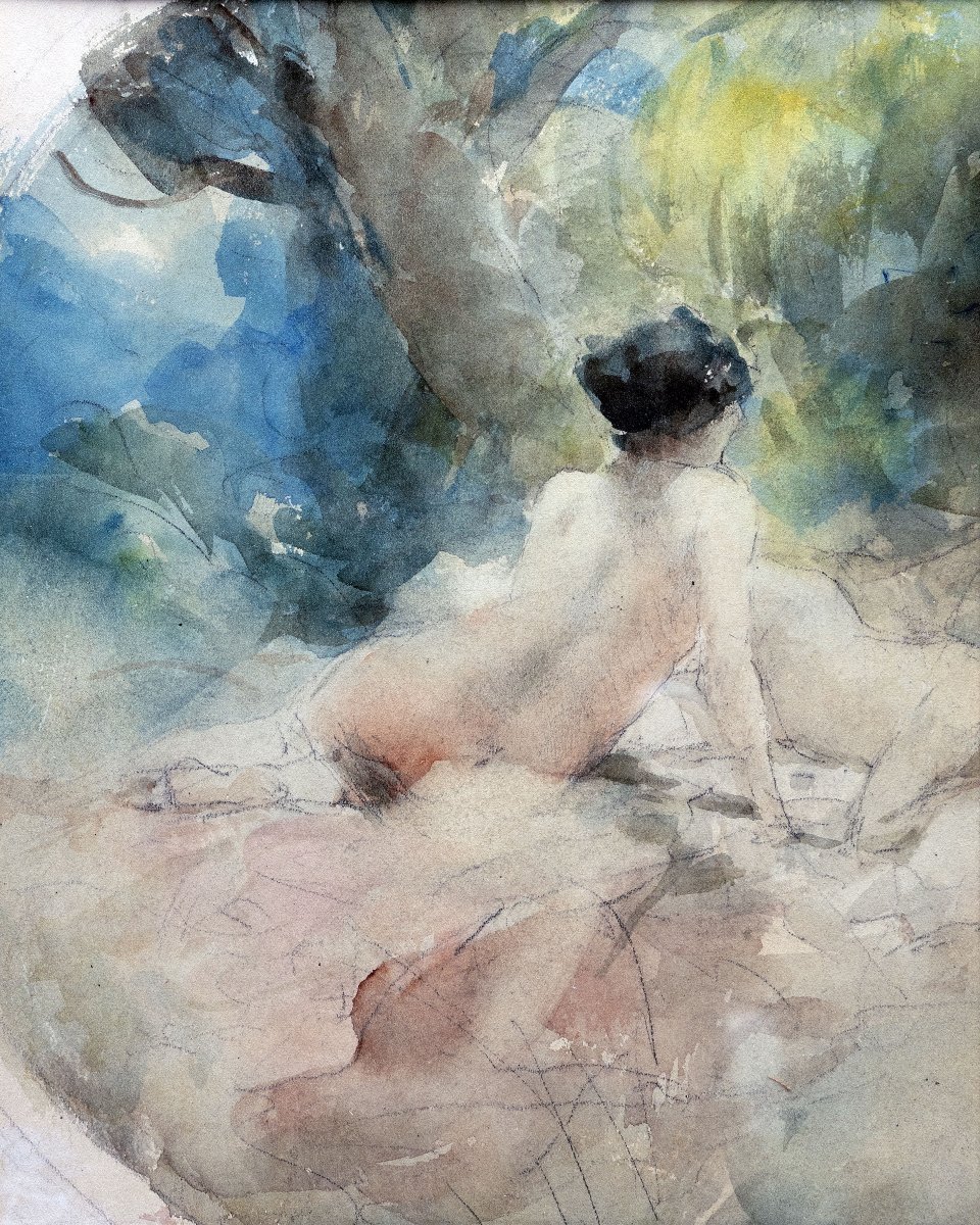 Antoine CALBET - Joueuse de guitare au repos - Nus dans un sous-bois - Aquarelles - Signée-photo-2