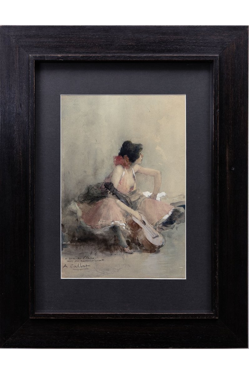 Antoine CALBET - Joueuse de guitare au repos - Nus dans un sous-bois - Aquarelles - Signée-photo-1