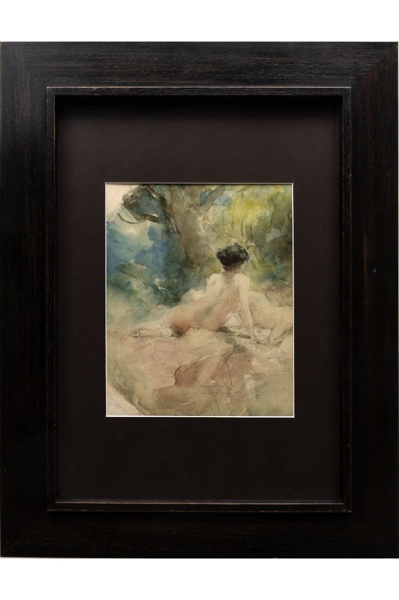 Antoine CALBET - Joueuse de guitare au repos - Nus dans un sous-bois - Aquarelles - Signée-photo-2
