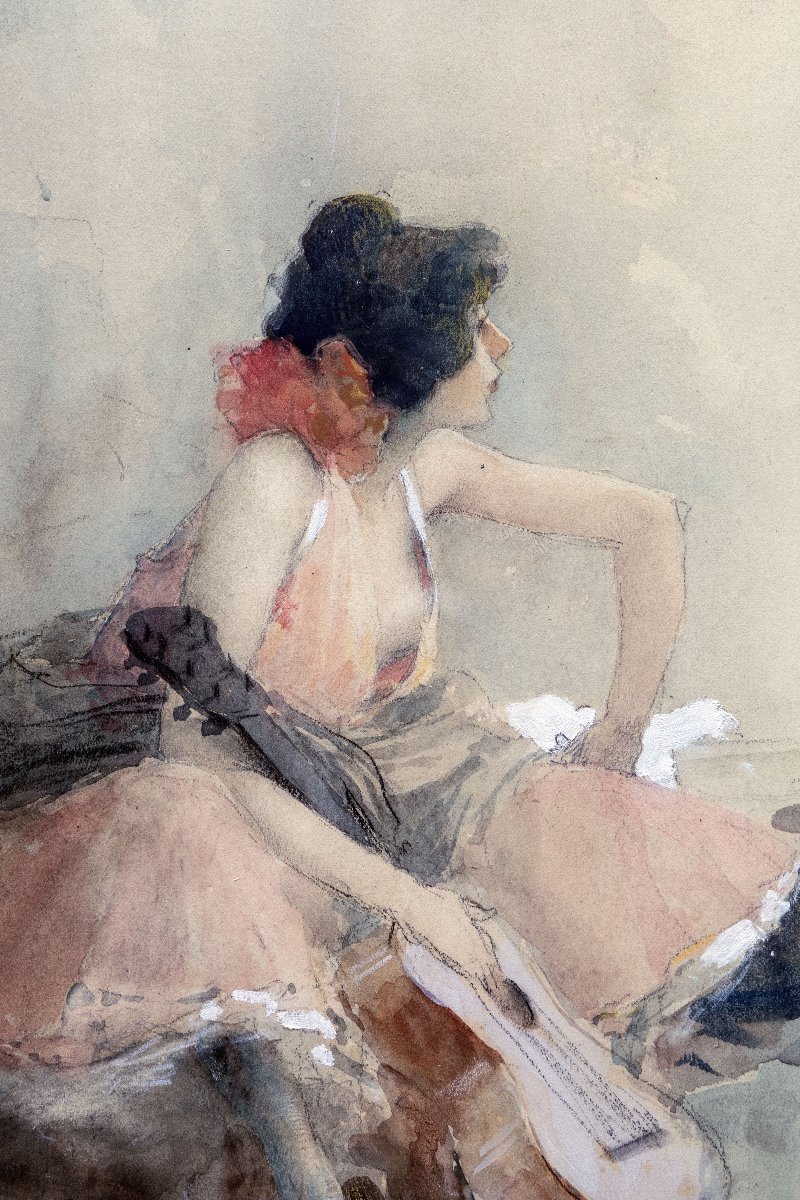 Antoine CALBET - Joueuse de guitare au repos - Nus dans un sous-bois - Aquarelles - Signée-photo-3