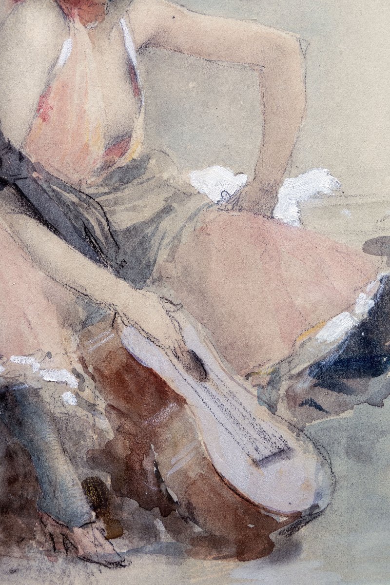 Antoine CALBET - Joueuse de guitare au repos - Nus dans un sous-bois - Aquarelles - Signée-photo-4