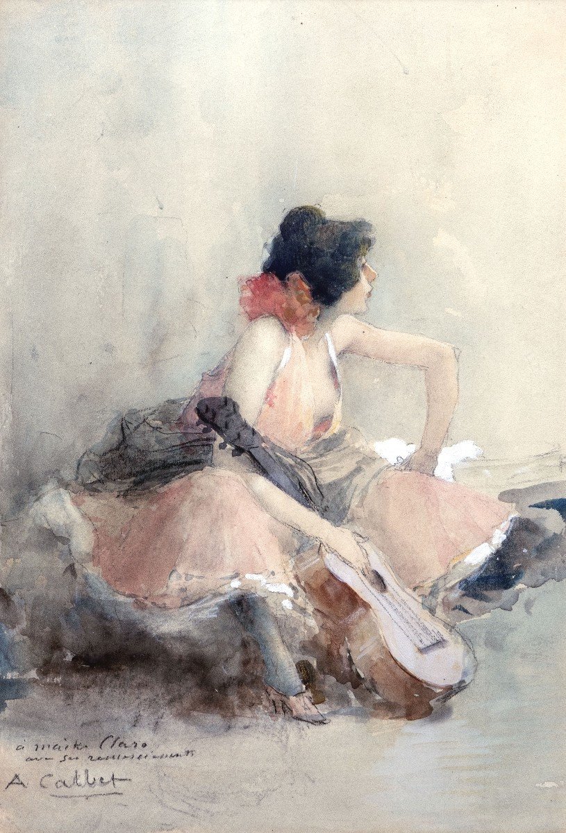 Antoine CALBET - Joueuse de guitare au repos - Nus dans un sous-bois - Aquarelles - Signée