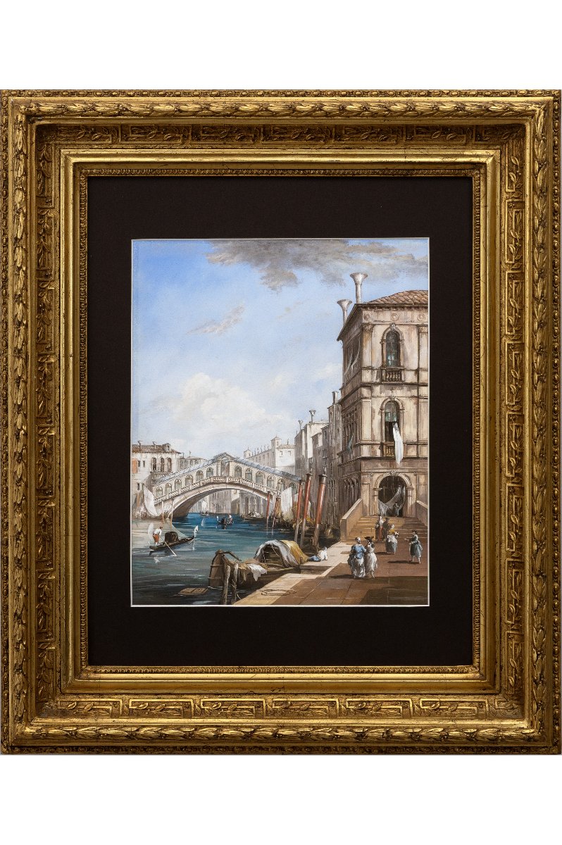 Venetian School – The Rialto Bridge In Venice – Gouache – 19th Century – Monogrammed-photo-2