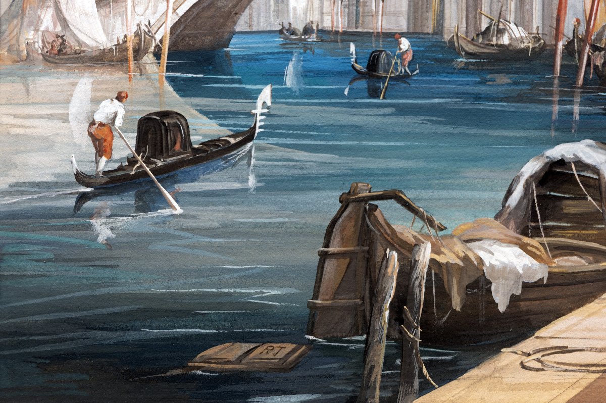 Venetian School – The Rialto Bridge In Venice – Gouache – 19th Century – Monogrammed-photo-3