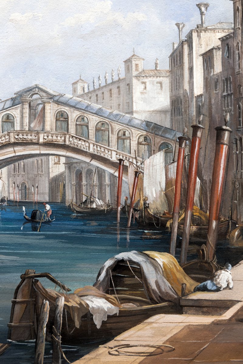Venetian School – The Rialto Bridge In Venice – Gouache – 19th Century – Monogrammed-photo-3
