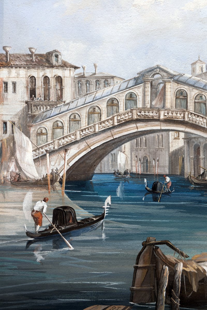 Venetian School – The Rialto Bridge In Venice – Gouache – 19th Century – Monogrammed-photo-4