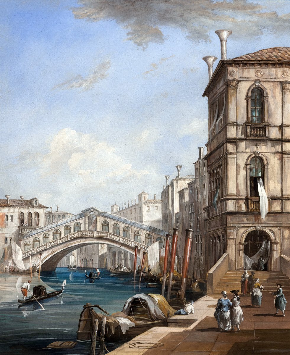 Venetian School – The Rialto Bridge In Venice – Gouache – 19th Century – Monogrammed