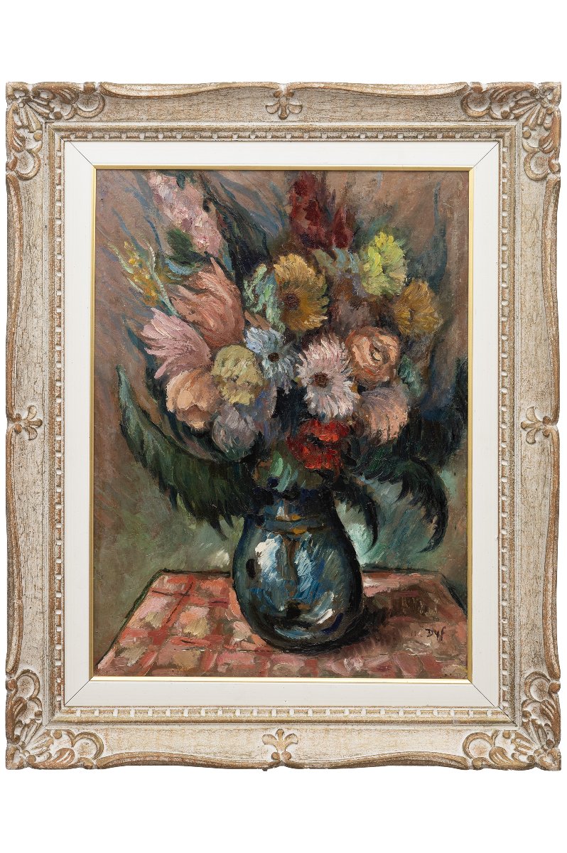 Marcel DYF – Bouquet de fleurs dans un vase bleu – 66,5 cm x 49 cm - Signé-photo-2