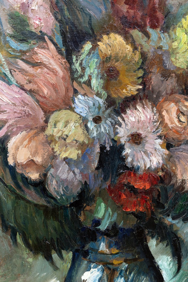 Marcel DYF – Bouquet de fleurs dans un vase bleu – 66,5 cm x 49 cm - Signé-photo-1