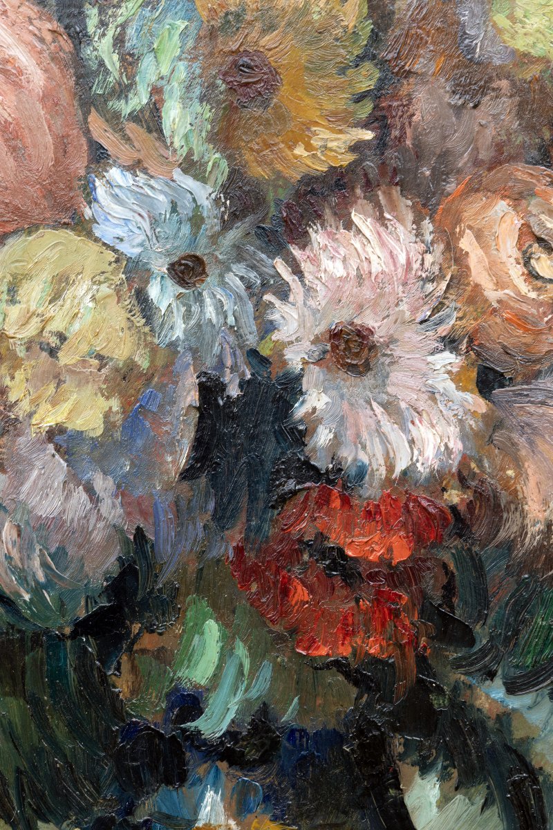Marcel DYF – Bouquet de fleurs dans un vase bleu – 66,5 cm x 49 cm - Signé-photo-3