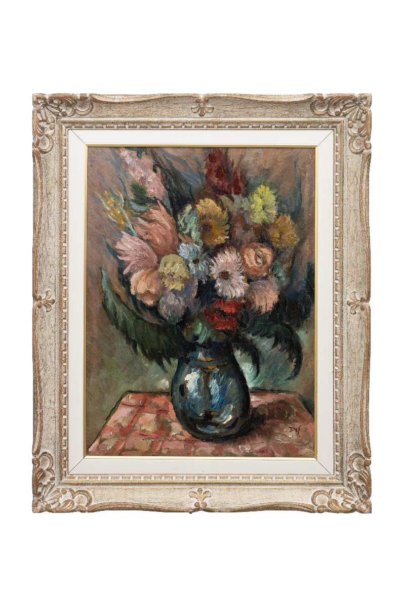 Marcel DYF – Bouquet de fleurs dans un vase bleu – 66,5 cm x 49 cm - Signé-photo-7