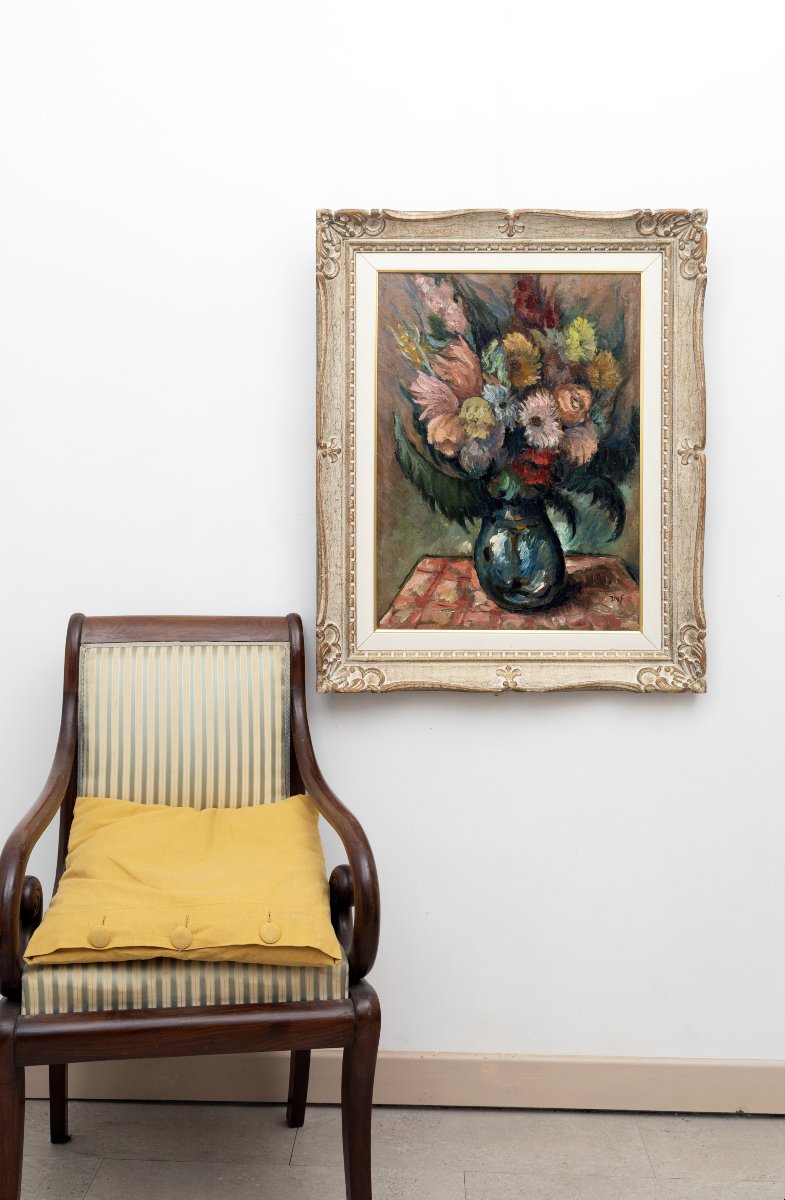 Marcel DYF – Bouquet de fleurs dans un vase bleu – 66,5 cm x 49 cm - Signé-photo-8