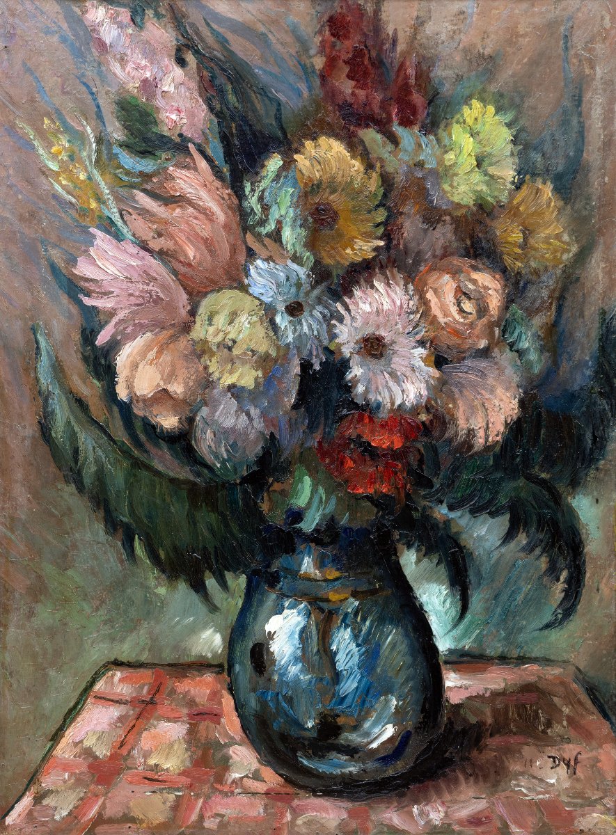 Marcel DYF – Bouquet de fleurs dans un vase bleu – 66,5 cm x 49 cm - Signé