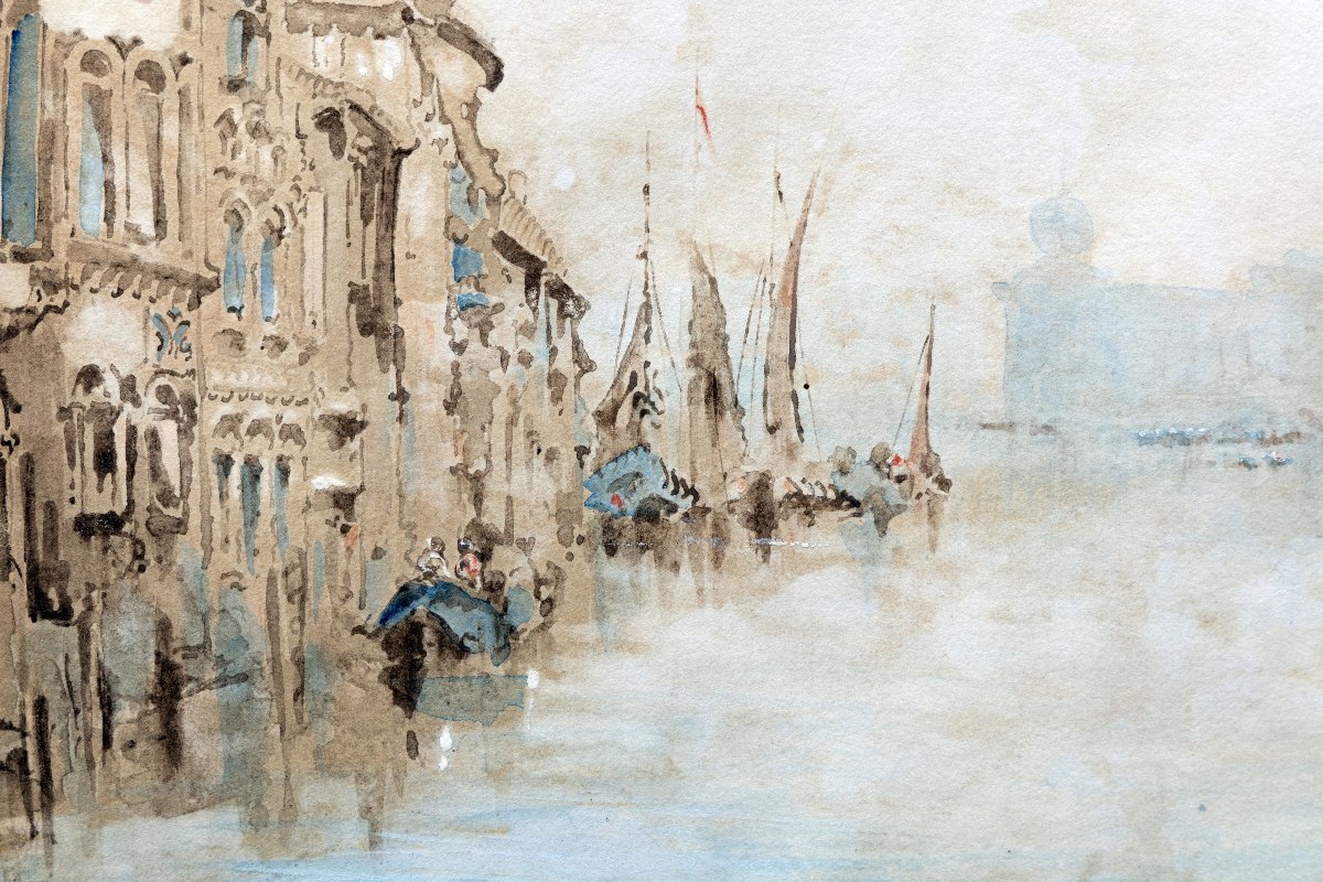 David ROBERTS – Le Grand Canal à Venise, la Salute dans la brume– Aquarelle – Signée et datée-photo-2