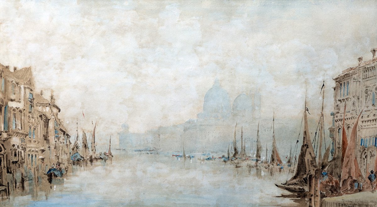 David ROBERTS – Le Grand Canal à Venise, la Salute dans la brume– Aquarelle – Signée et datée