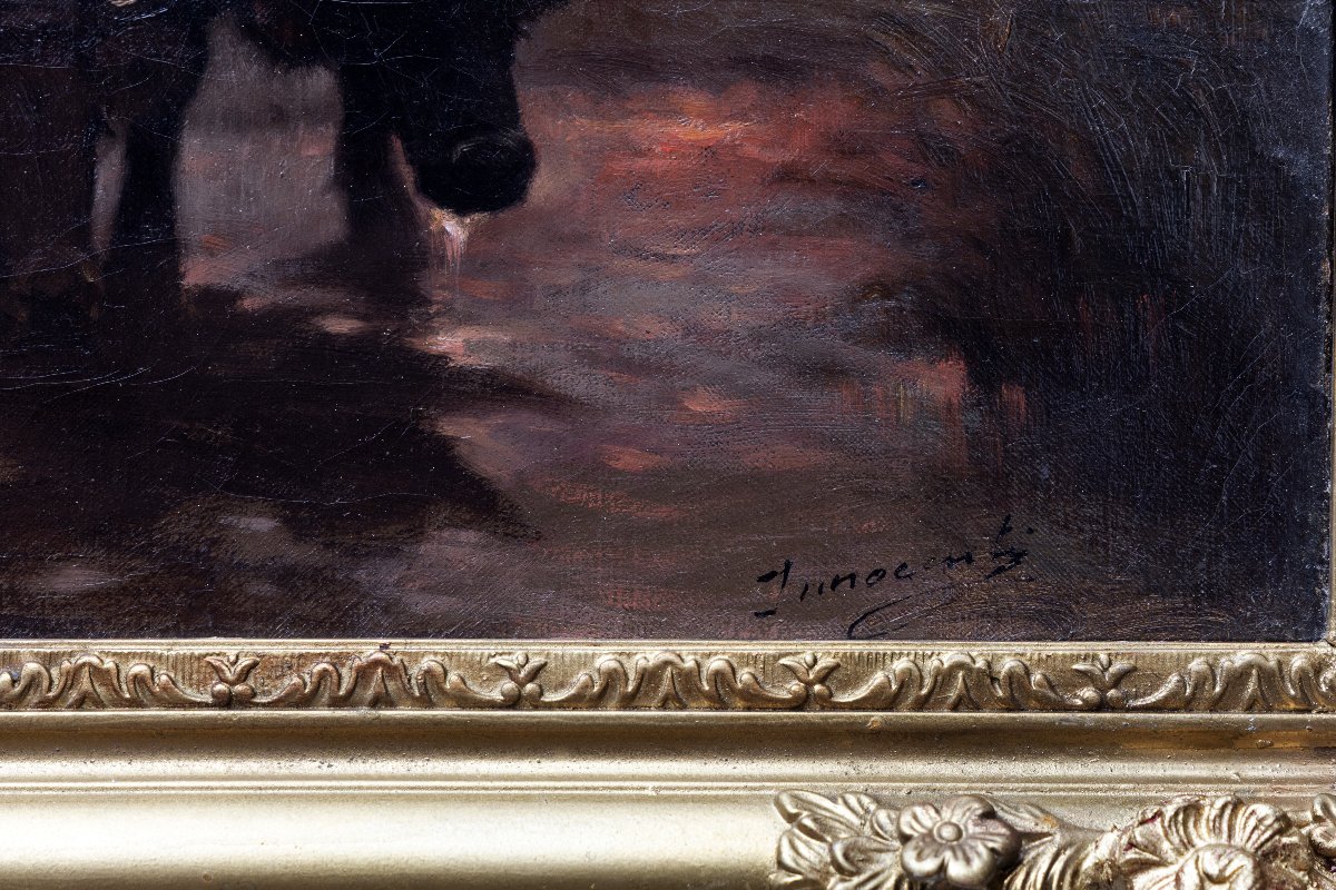 Guglielmo INNOCENTI – Bœufs s’abreuvant au crépuscule – Huile sur toile - Signée-photo-3