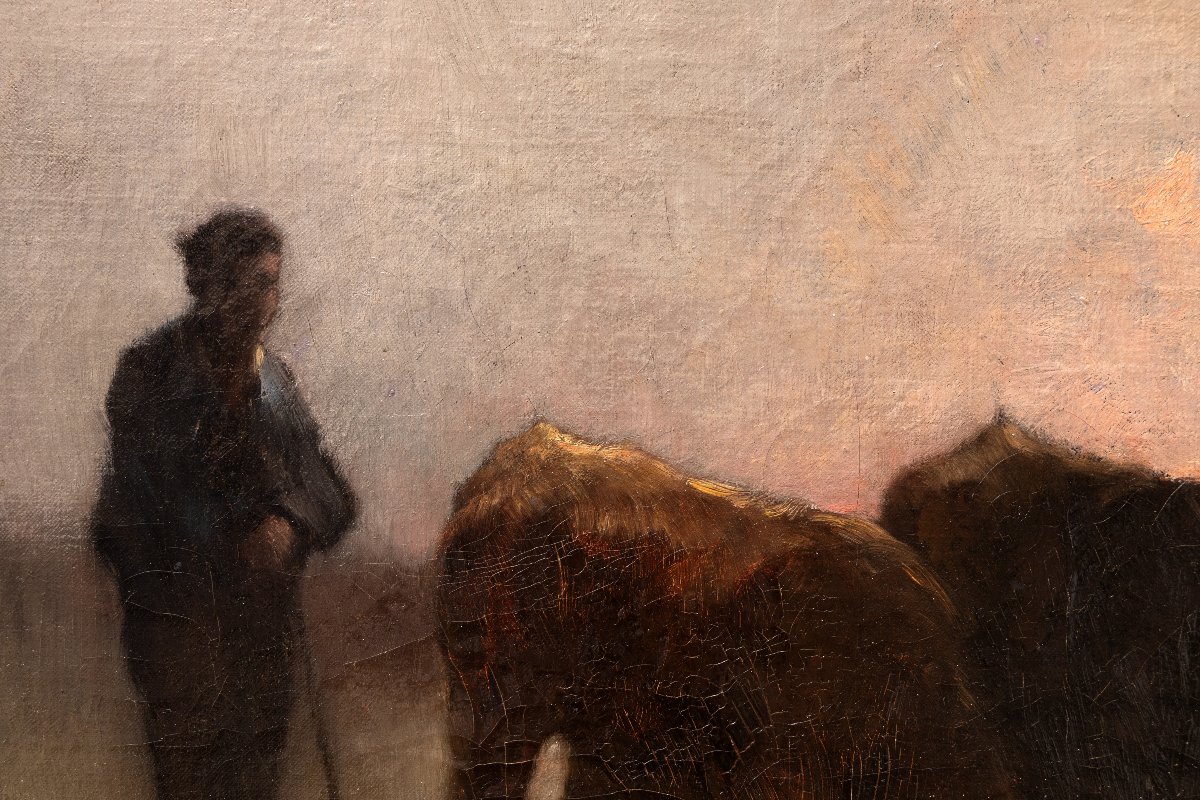 Guglielmo INNOCENTI – Bœufs s’abreuvant au crépuscule – Huile sur toile - Signée-photo-4