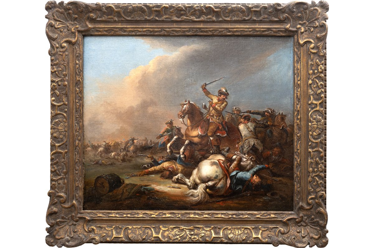 Jacques Bertaux - Cavalry Battle Scene - Oil On Canvas, Signed And Dated (1770)-photo-2