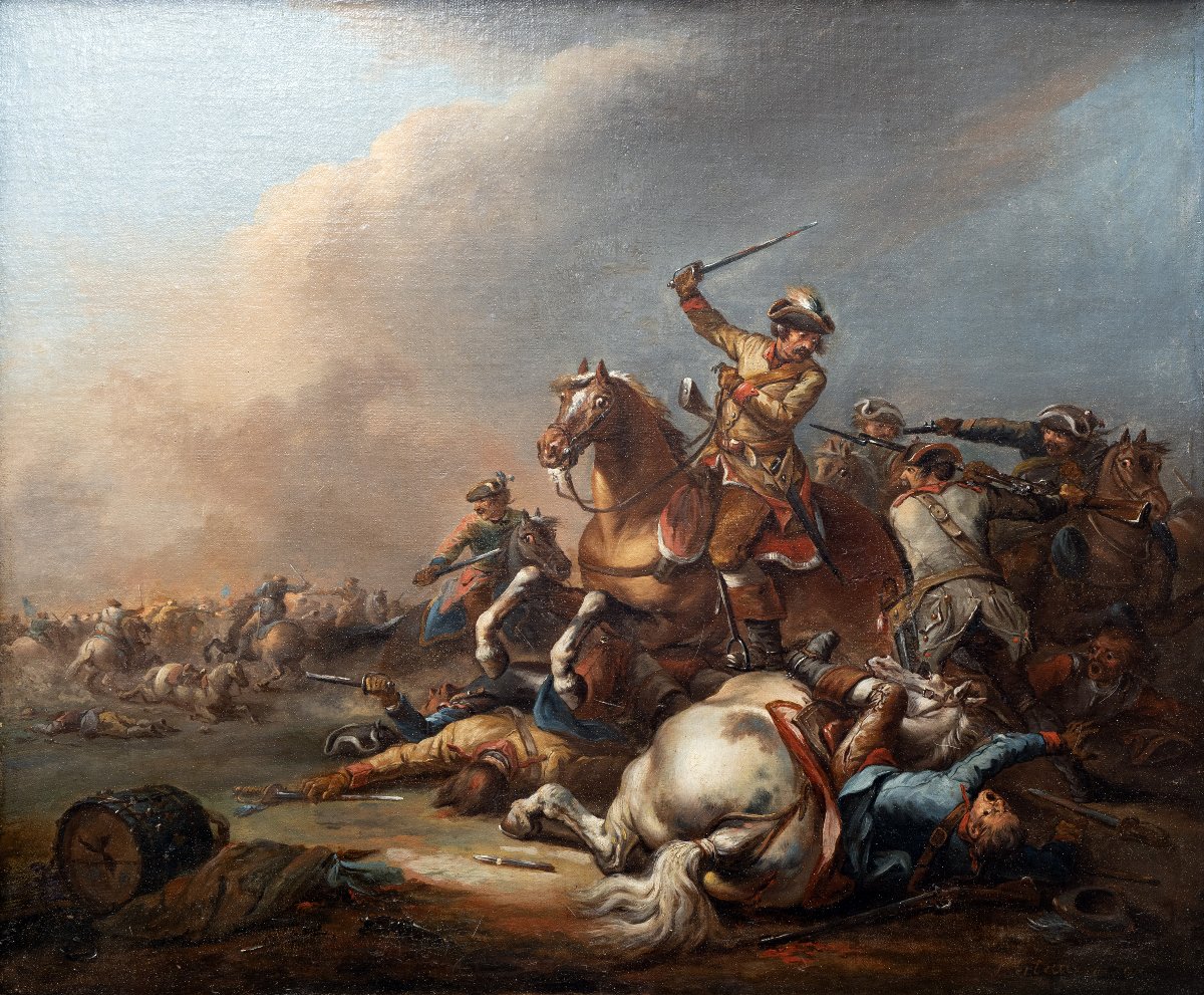 Jacques Bertaux - Cavalry Battle Scene - Oil On Canvas, Signed And Dated (1770)
