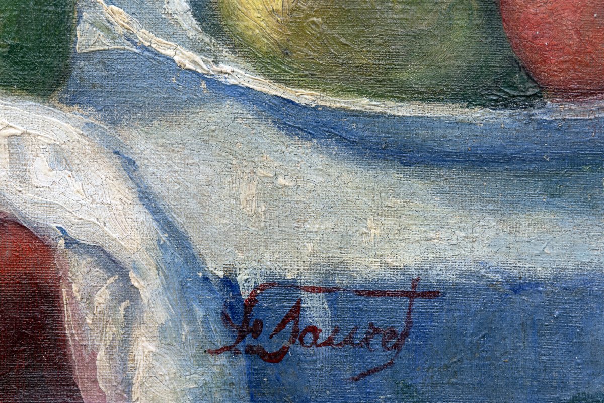 Still Life With Fruit On A Tablecloth - Oil On Canvas - Signed "le Sauzet"-photo-3