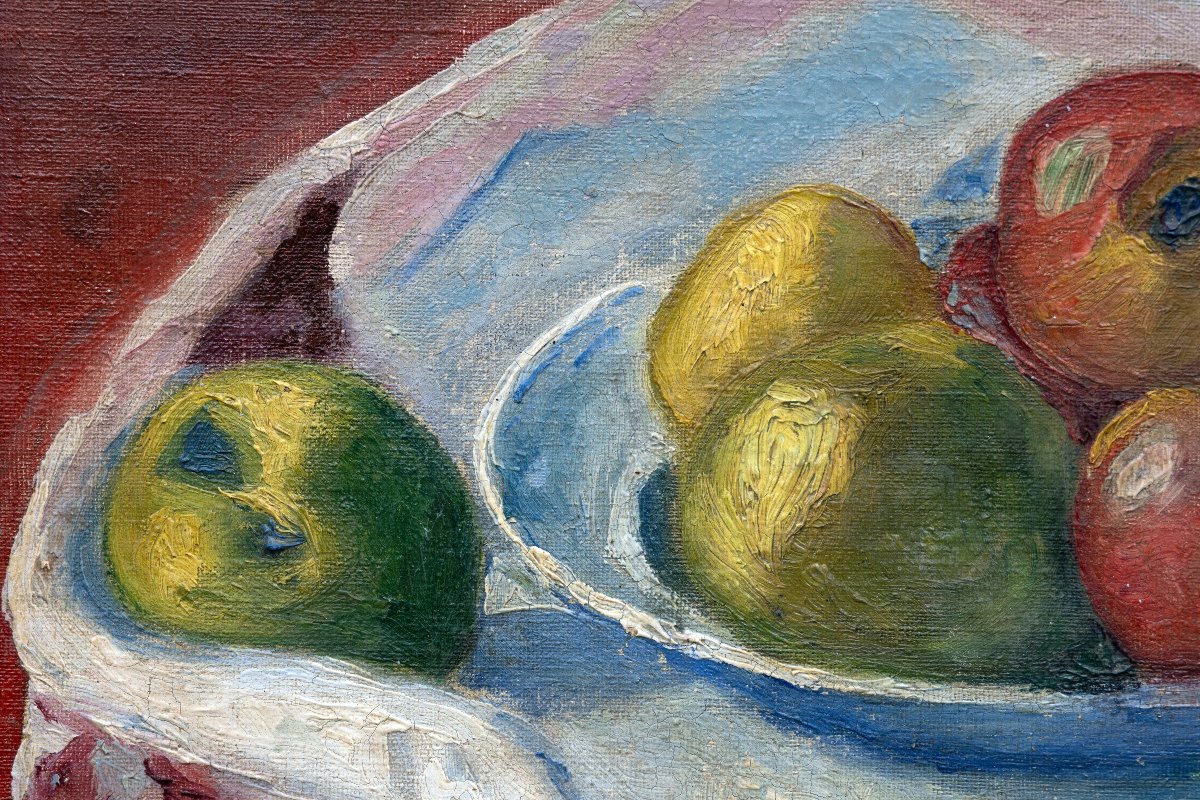 Still Life With Fruit On A Tablecloth - Oil On Canvas - Signed "le Sauzet"-photo-2