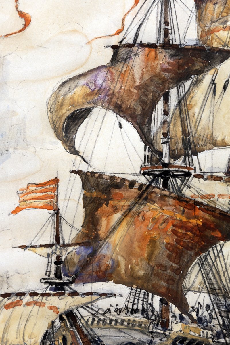 Frank Will - Ships, Circa 1670 - Gouache - Signed-photo-1