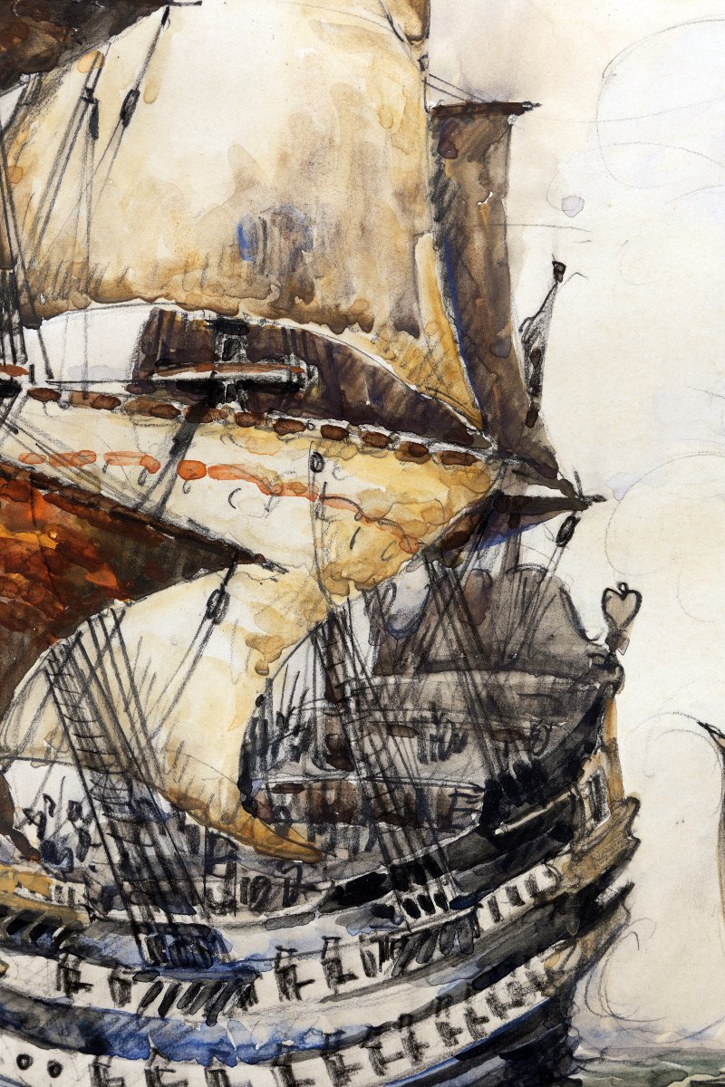 Frank Will - Ships, Circa 1670 - Gouache - Signed-photo-3
