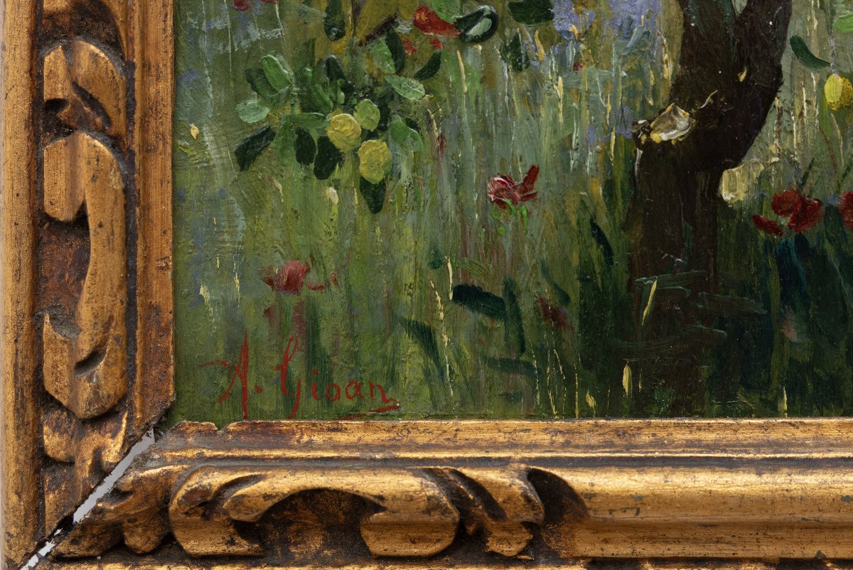 A GIOAN – Scènes champêtres méditerranéennes -  Paire d’huiles sur carton – Signées-photo-4