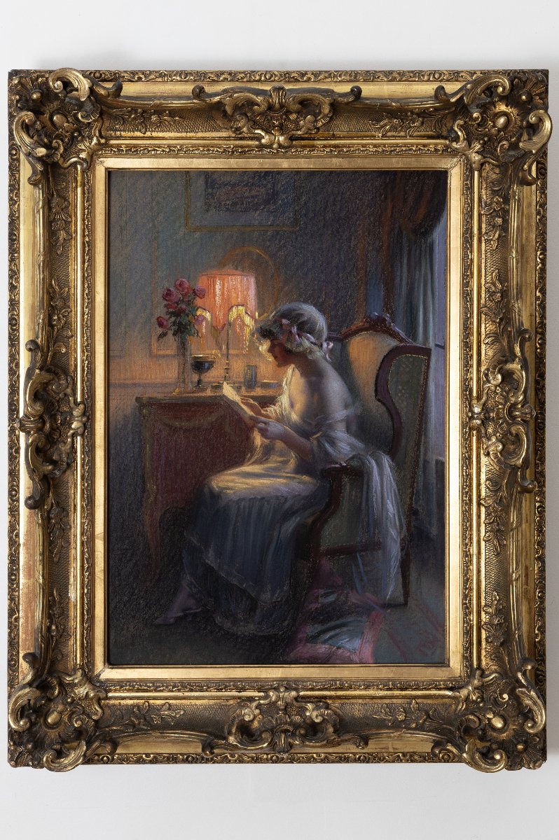Delphin ENJOLRAS – Liseuse à la lampe – Pastel sur carton -photo-2