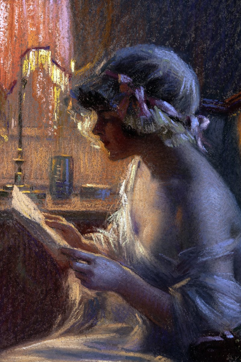 Delphin ENJOLRAS – Liseuse à la lampe – Pastel sur carton -photo-4