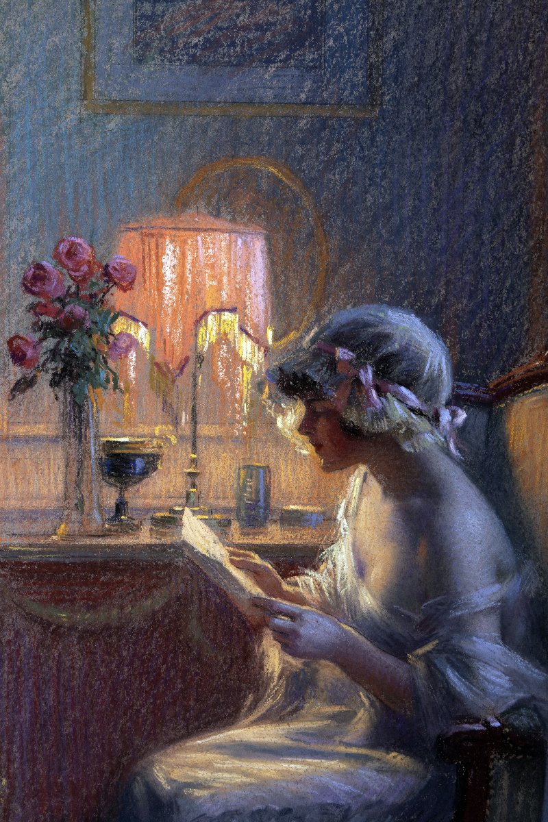 Delphin ENJOLRAS – Liseuse à la lampe – Pastel sur carton -photo-1