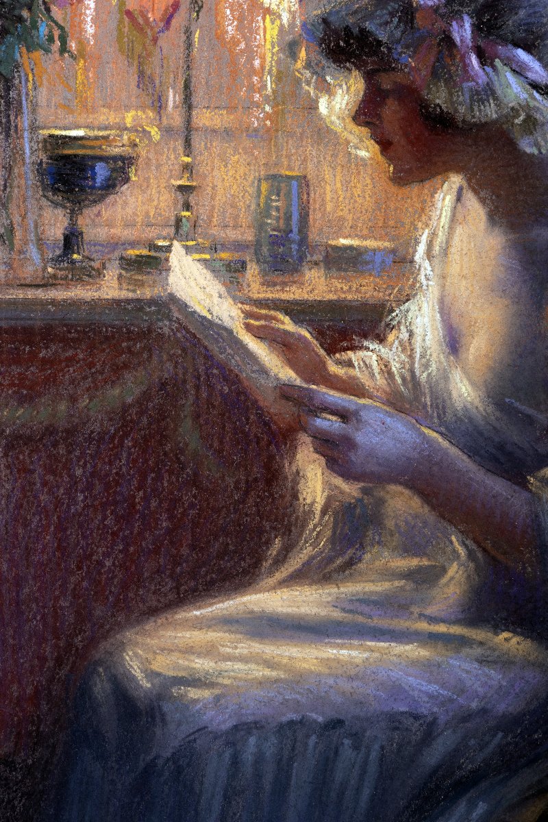Delphin ENJOLRAS – Liseuse à la lampe – Pastel sur carton -photo-2