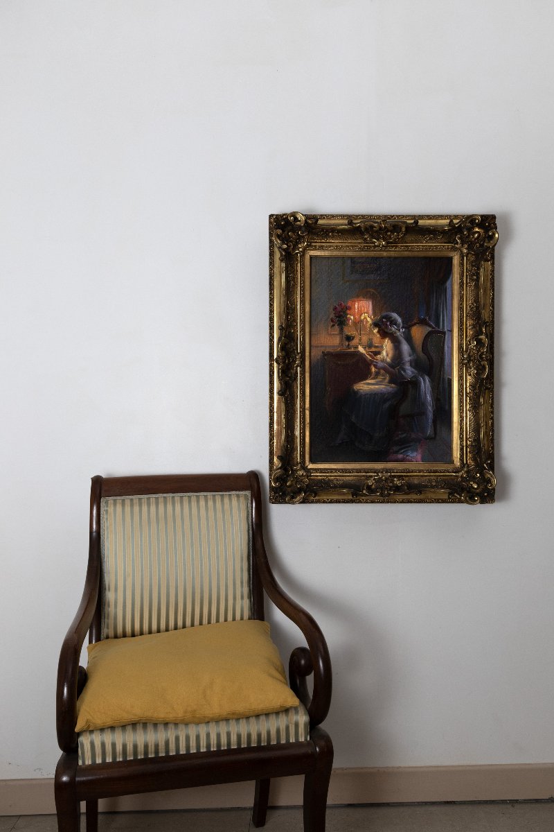 Delphin ENJOLRAS – Liseuse à la lampe – Pastel sur carton -photo-7