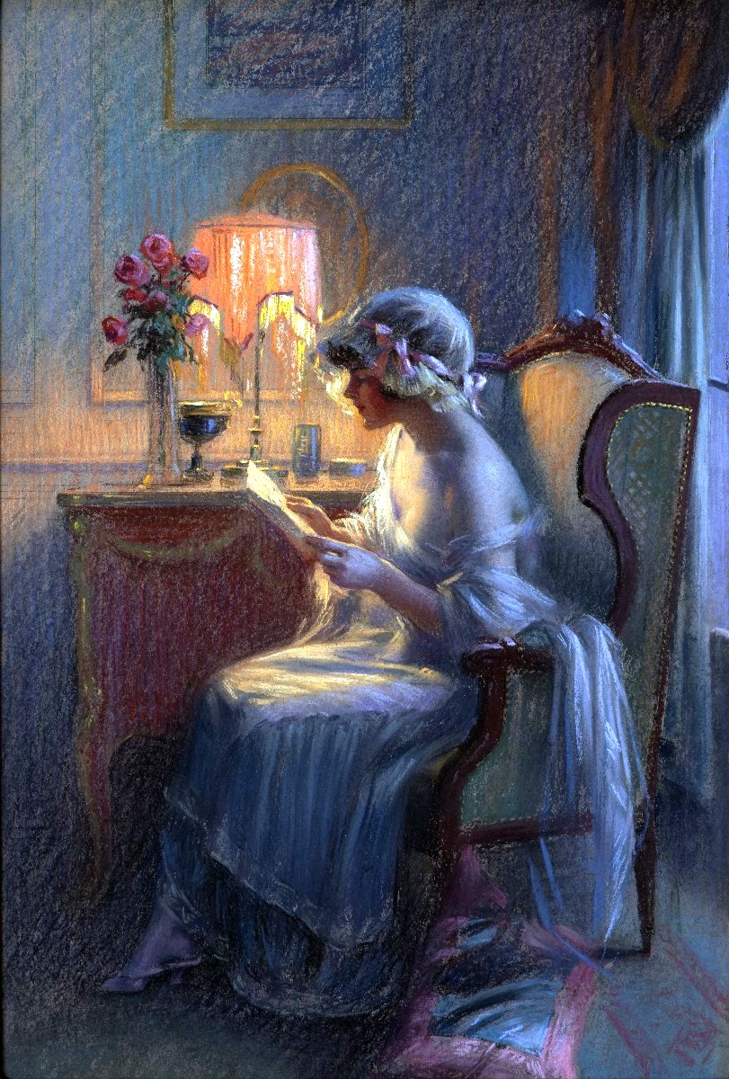 Delphin ENJOLRAS – Liseuse à la lampe – Pastel sur carton 