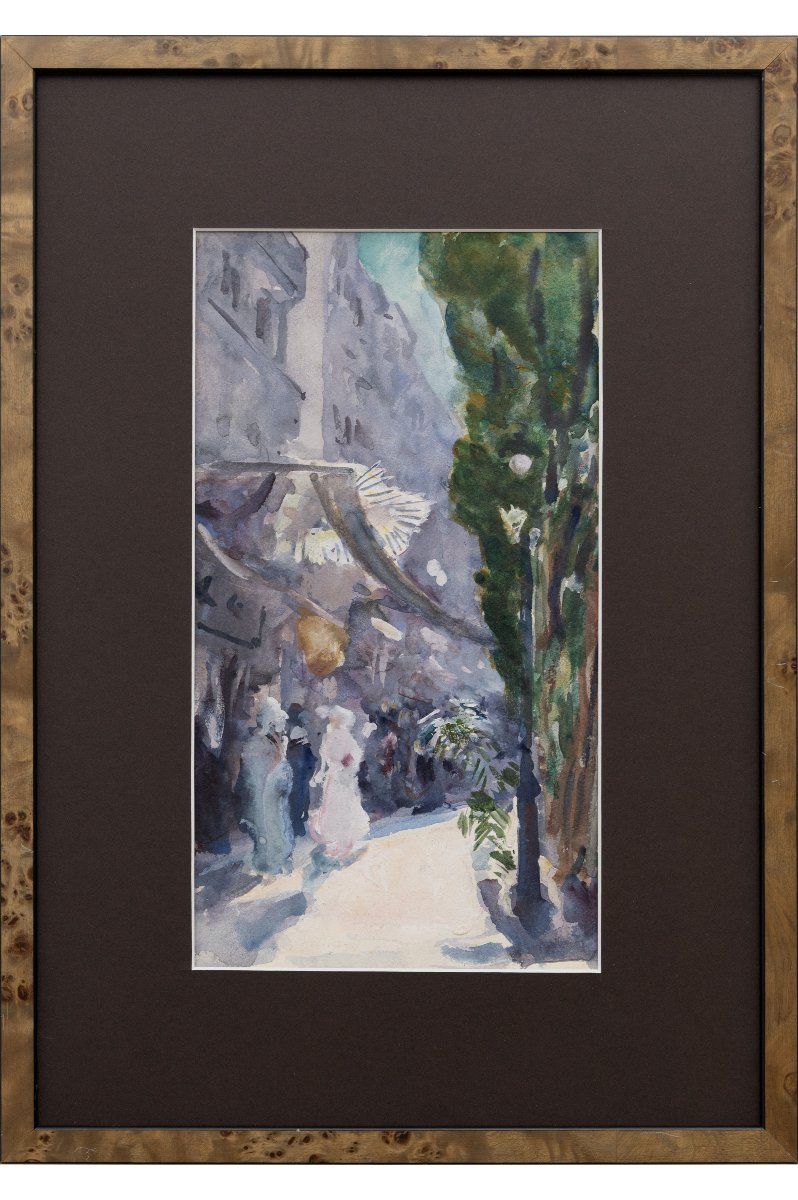 Charles Hermans – Busy Street In Nice – Watercolor – Early 20th Century-photo-2