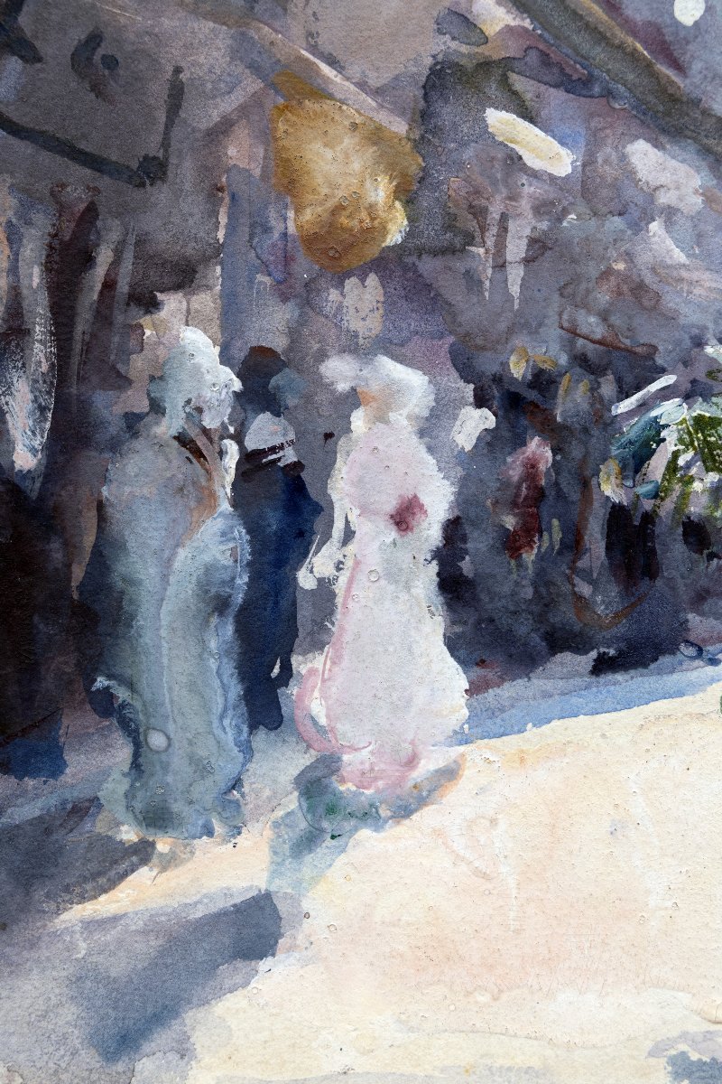 Charles Hermans – Busy Street In Nice – Watercolor – Early 20th Century-photo-1