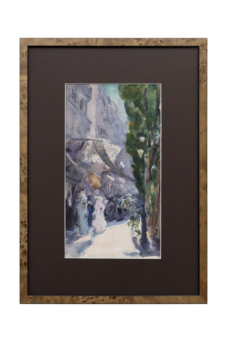 Charles Hermans – Busy Street In Nice – Watercolor – Early 20th Century-photo-6