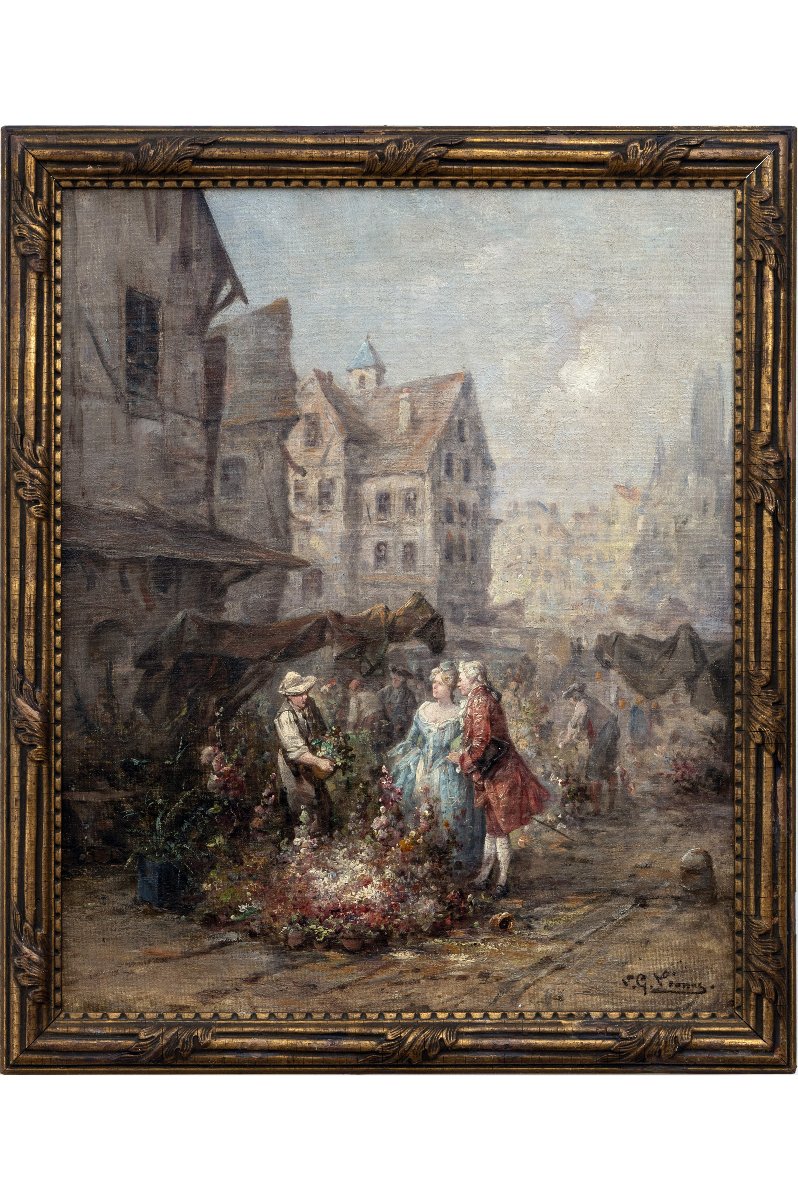 Dans le goût de CHABRIER – Marché aux fleurs dans une ville normande – Huile sur toile – Signée-photo-2