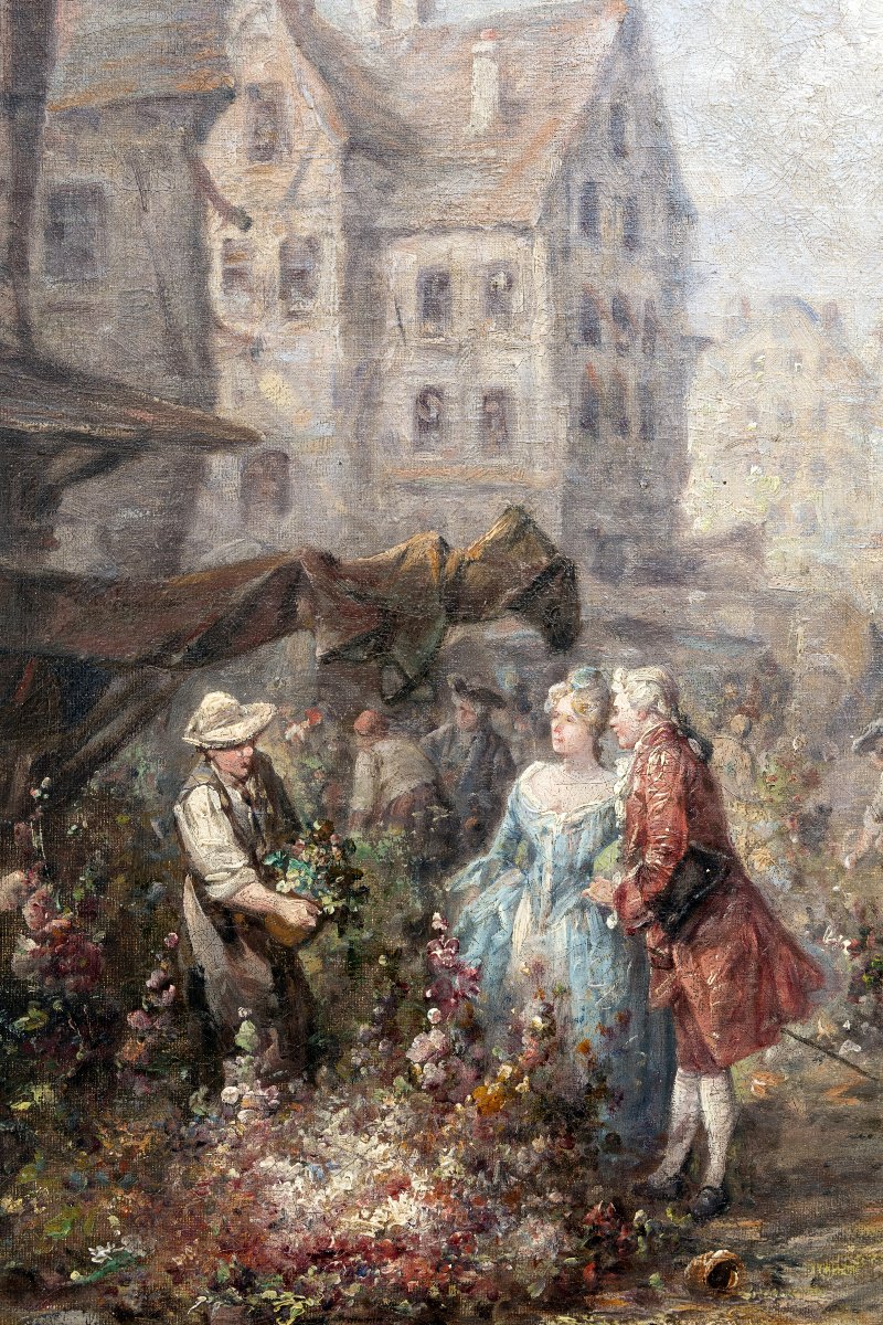 Dans le goût de CHABRIER – Marché aux fleurs dans une ville normande – Huile sur toile – Signée-photo-1
