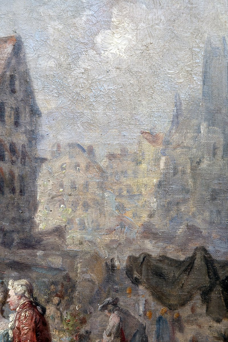 Dans le goût de CHABRIER – Marché aux fleurs dans une ville normande – Huile sur toile – Signée-photo-2