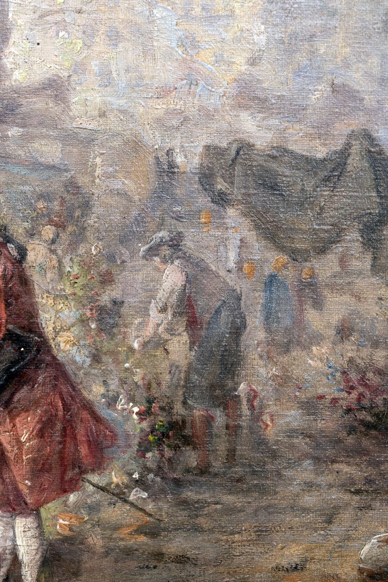 Dans le goût de CHABRIER – Marché aux fleurs dans une ville normande – Huile sur toile – Signée-photo-3