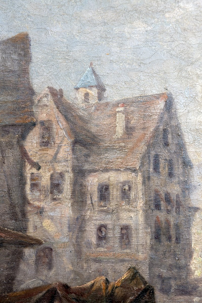 Dans le goût de CHABRIER – Marché aux fleurs dans une ville normande – Huile sur toile – Signée-photo-4