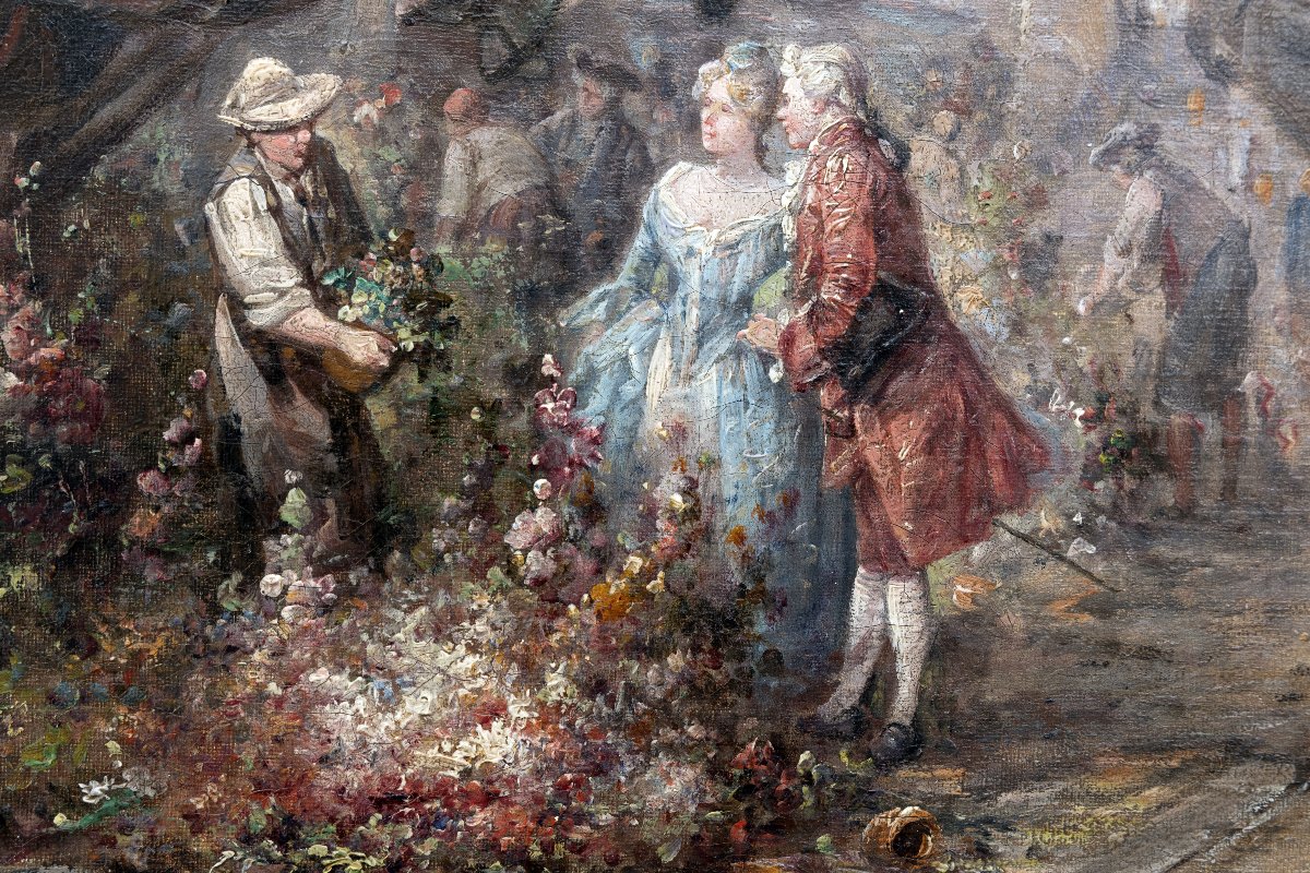 Dans le goût de CHABRIER – Marché aux fleurs dans une ville normande – Huile sur toile – Signée-photo-5