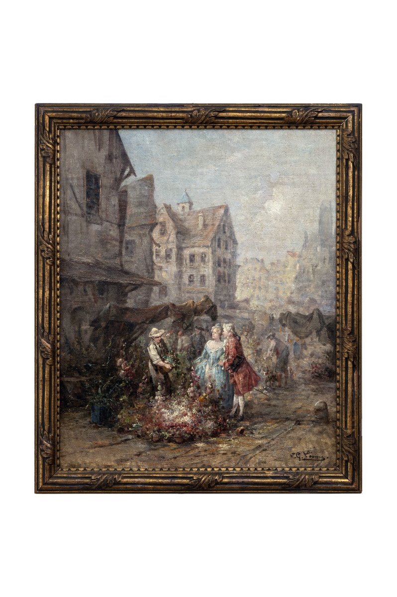 Dans le goût de CHABRIER – Marché aux fleurs dans une ville normande – Huile sur toile – Signée-photo-6
