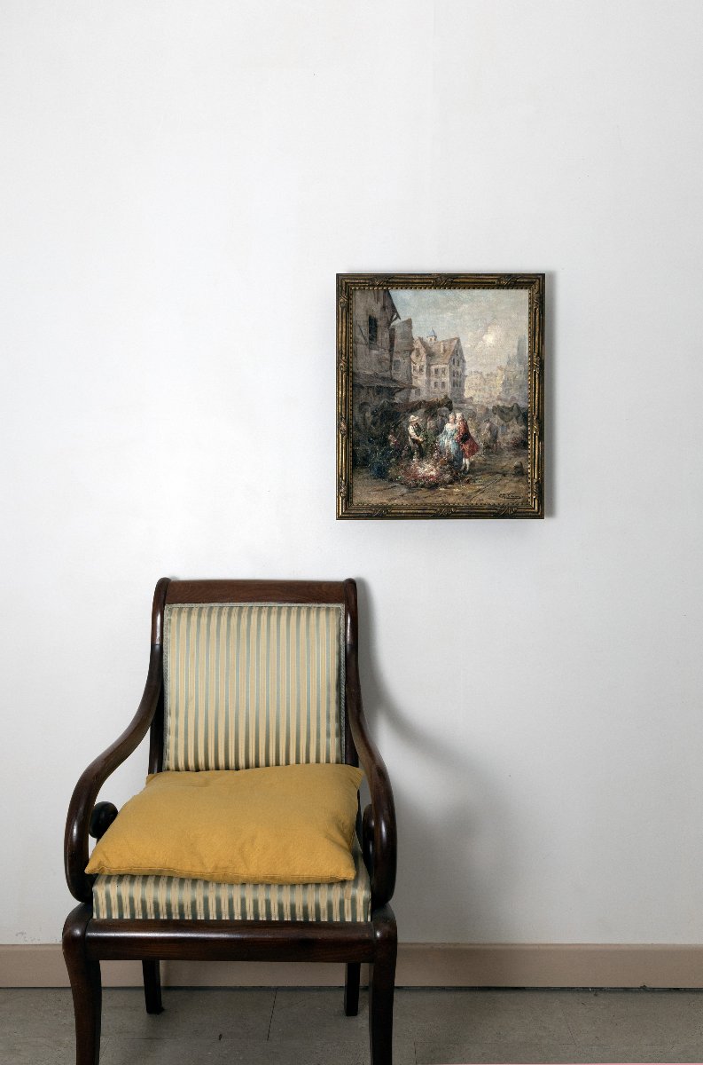 Dans le goût de CHABRIER – Marché aux fleurs dans une ville normande – Huile sur toile – Signée-photo-7