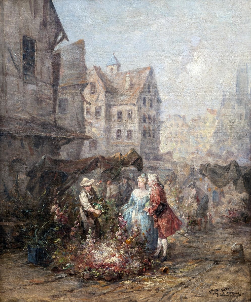 Dans le goût de CHABRIER – Marché aux fleurs dans une ville normande – Huile sur toile – Signée