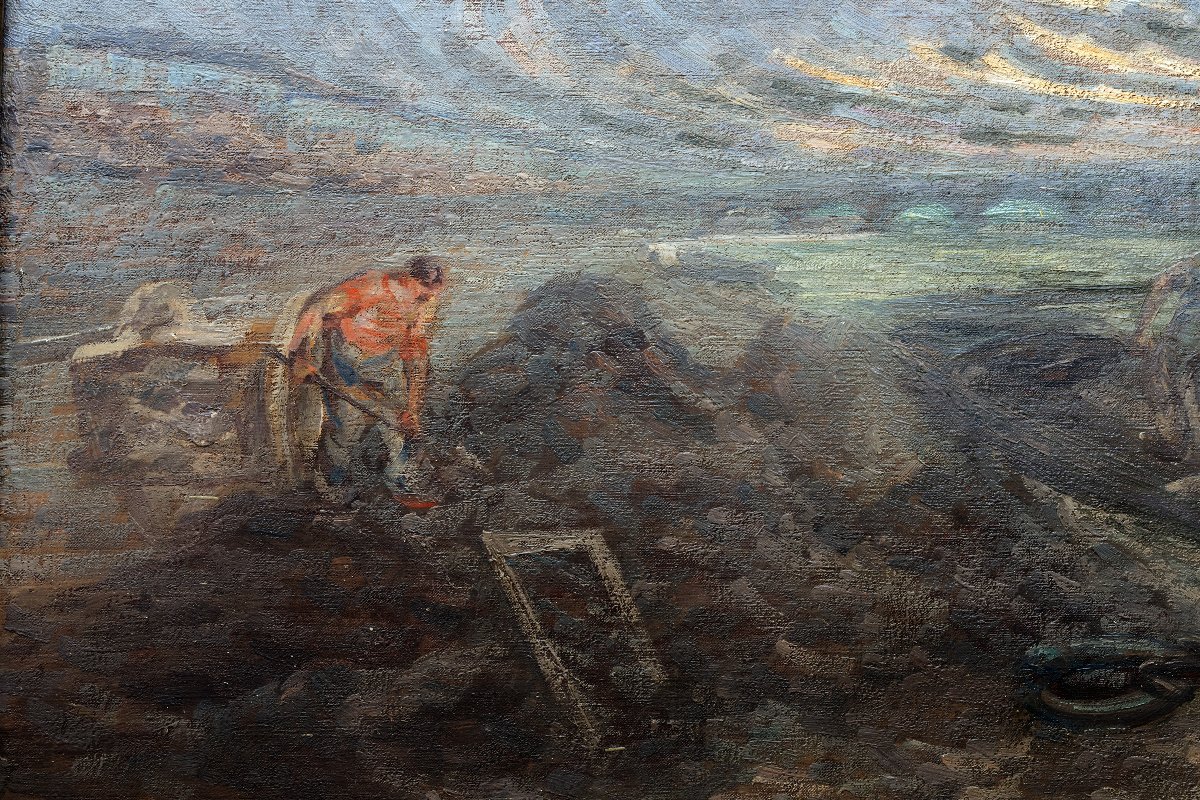 A. Godien - Loading Sand On The Rhône River Quays At Dusk - Signed-photo-1