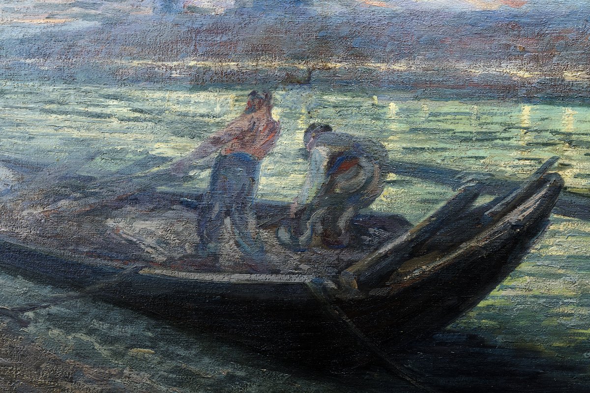 A. Godien - Loading Sand On The Rhône River Quays At Dusk - Signed-photo-2