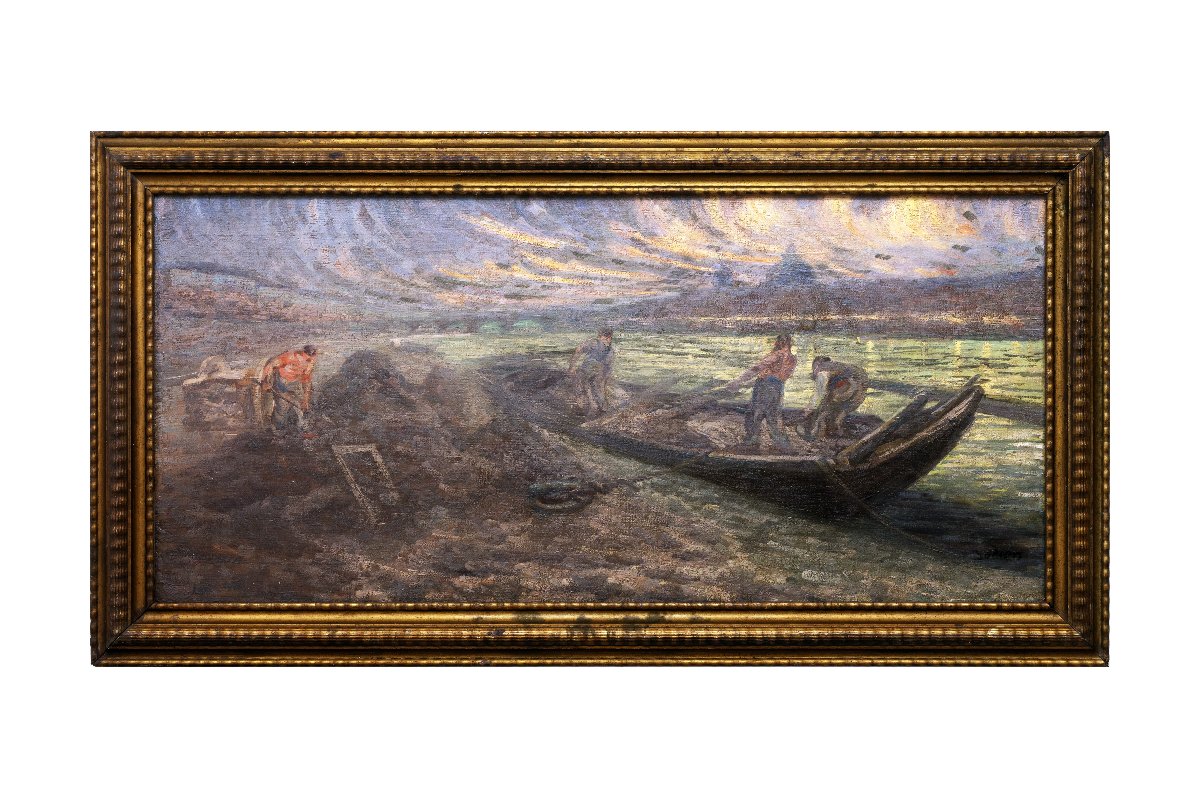 A. Godien - Loading Sand On The Rhône River Quays At Dusk - Signed-photo-6