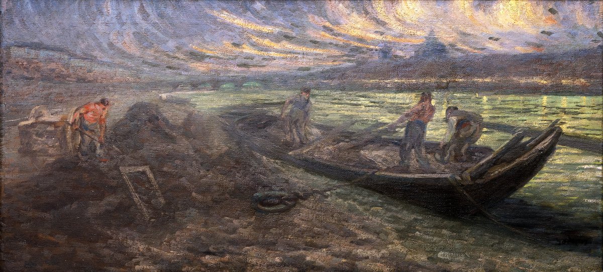 A. Godien - Loading Sand On The Rhône River Quays At Dusk - Signed